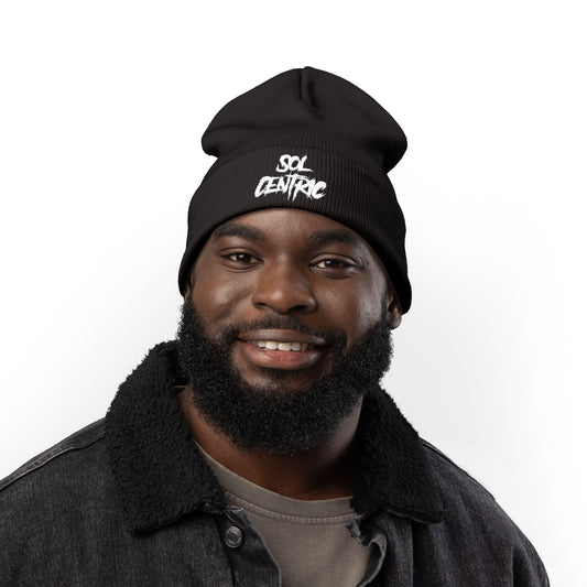 SOL CENTRIC Embroidered Knit Beanie — Cozy Winter Hat with Script Logo