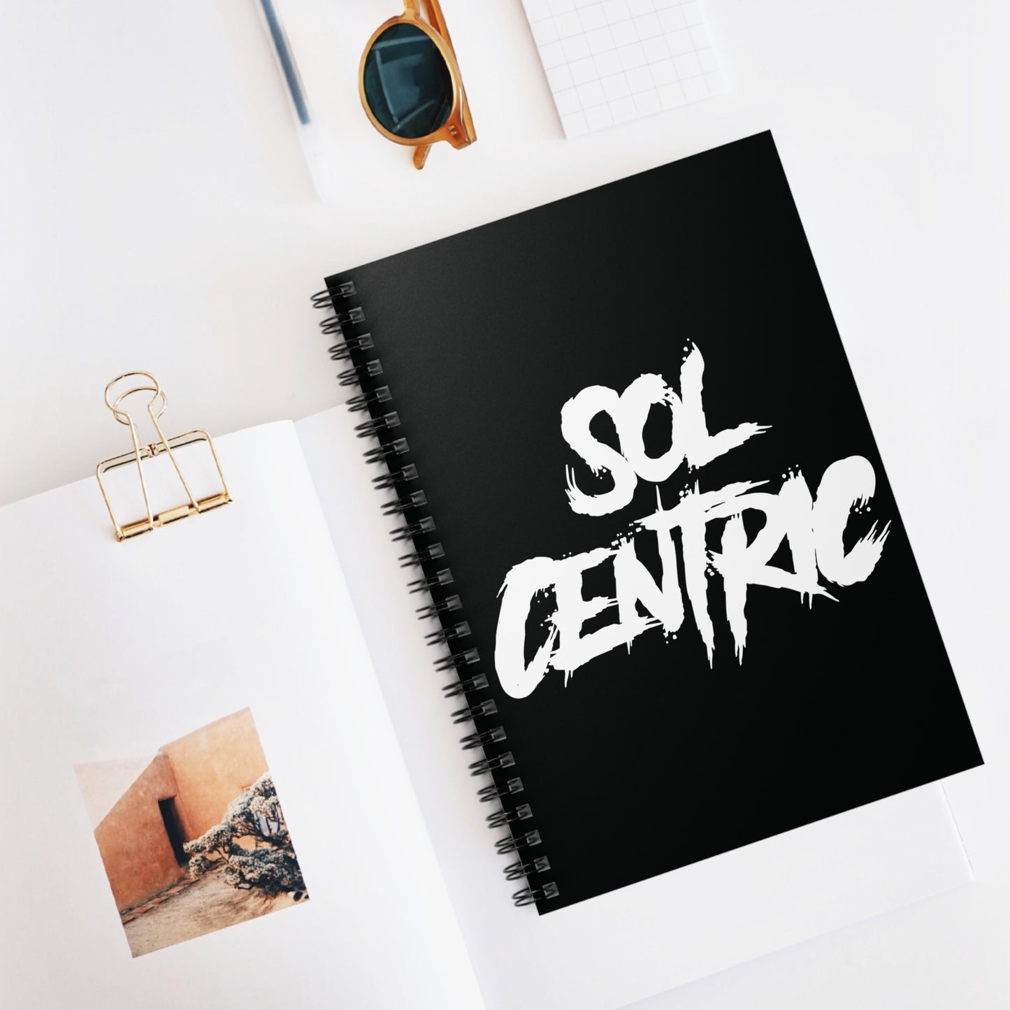 Sol Centric Spiral Notebook — Black Ruled Journal with Bold Brush Typography