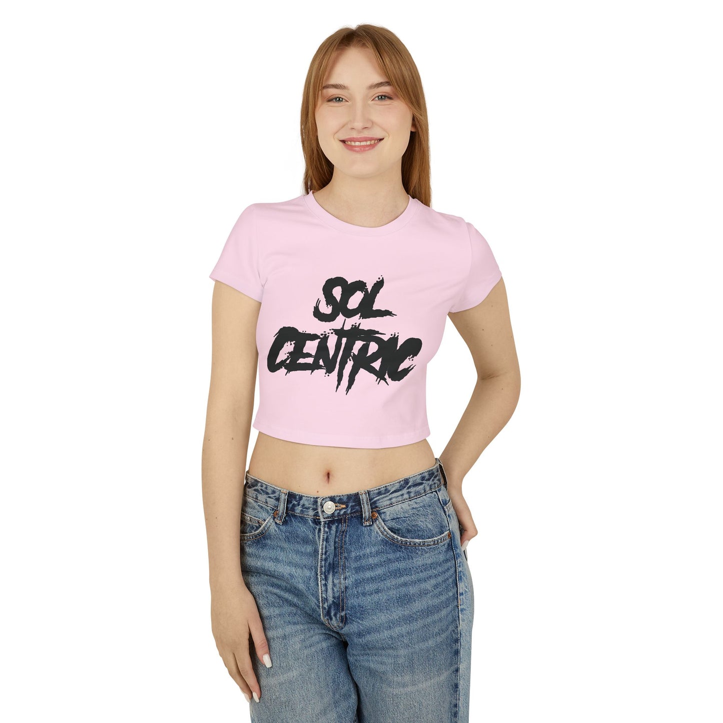 Sol Centric Women's Baby Tee — Trendy Brushstroke Logo Crop Top