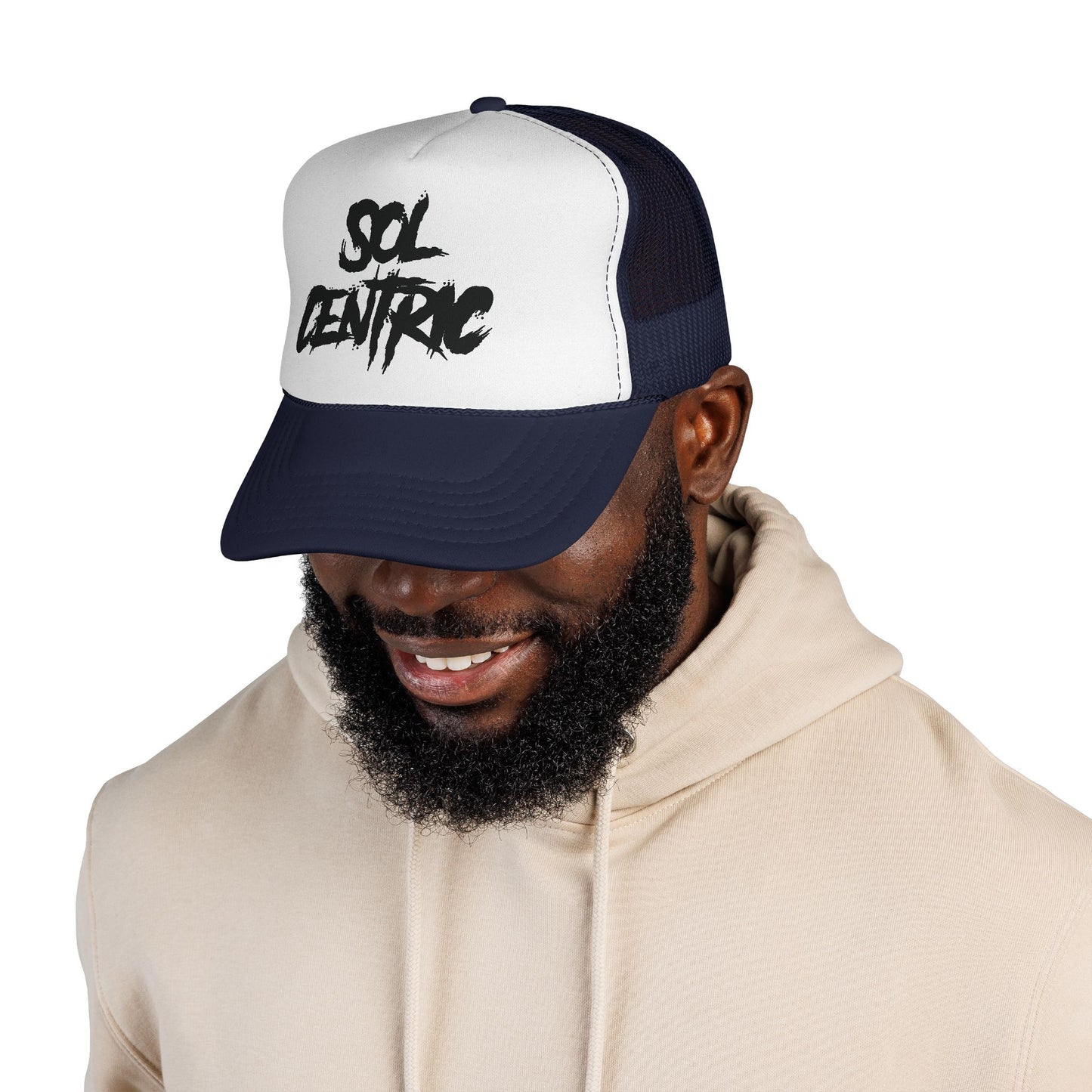 Sol Centric Trucker Hat — Bold Brush Script Mesh Cap