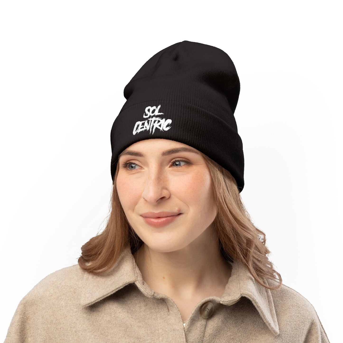 SOL CENTRIC Embroidered Knit Beanie — Cozy Winter Hat with Script Logo