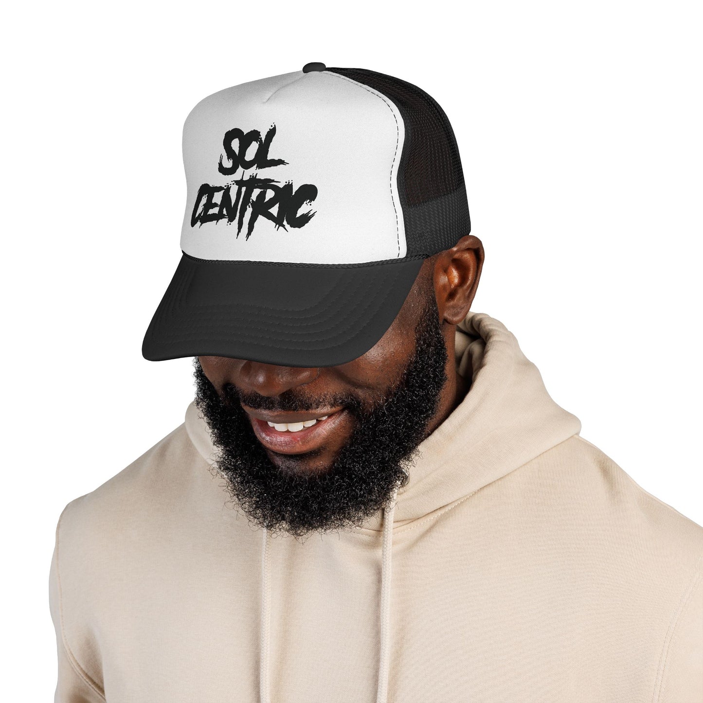 Sol Centric Trucker Hat — Bold Brush Script Mesh Cap