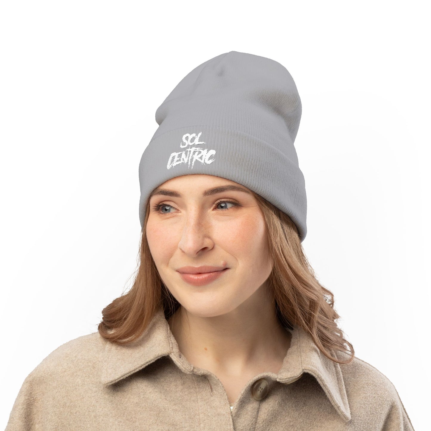 SOL CENTRIC Embroidered Knit Beanie — Cozy Winter Hat with Script Logo