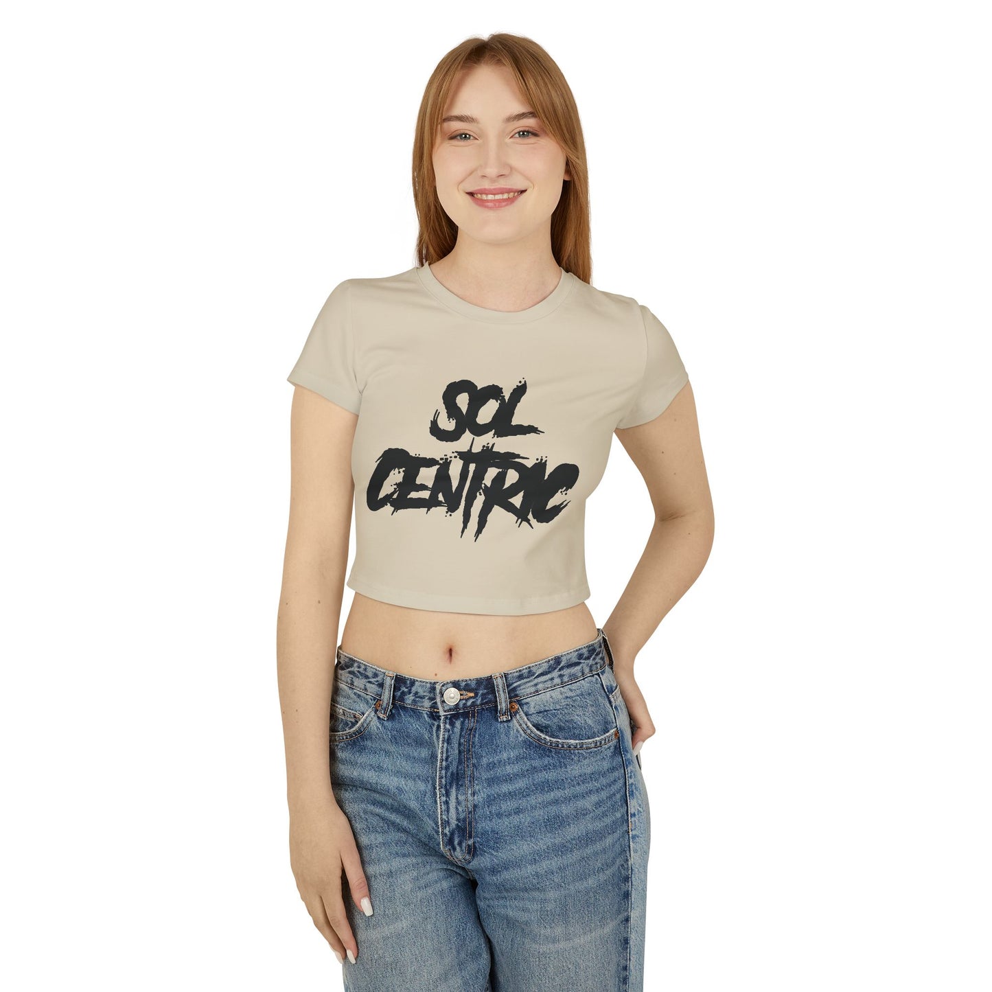 Sol Centric Women's Baby Tee — Trendy Brushstroke Logo Crop Top