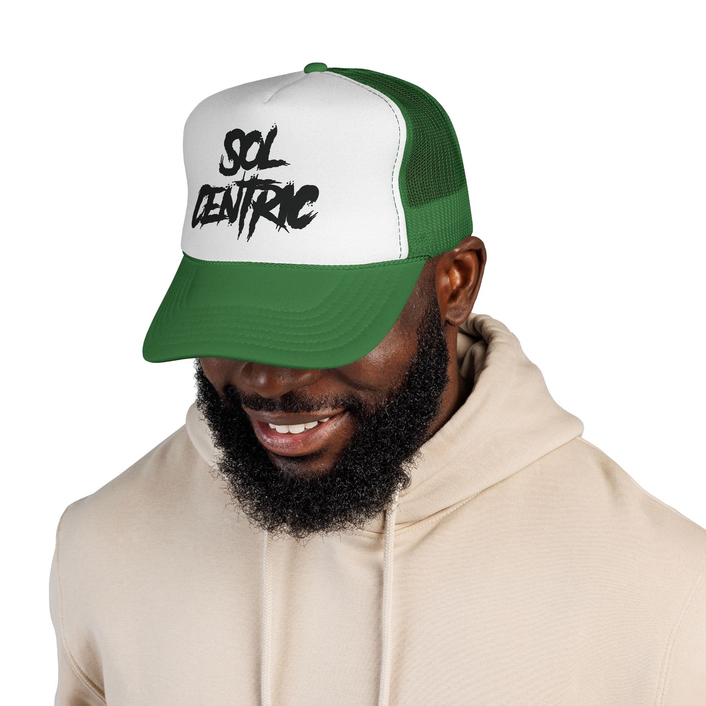 Sol Centric Trucker Hat — Bold Brush Script Mesh Cap